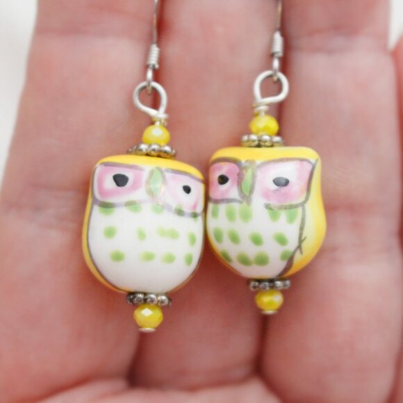 Yellow Hand Painted Porcelain Owl Earrings - Handmade & Hypoallergenic - Picture 8 of 8